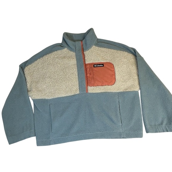Columbia Lodge Sherpa Fleece Pullover 1/2 Snap Boxy Peach Cream Blue Women's XXL - Picture 4 of 10